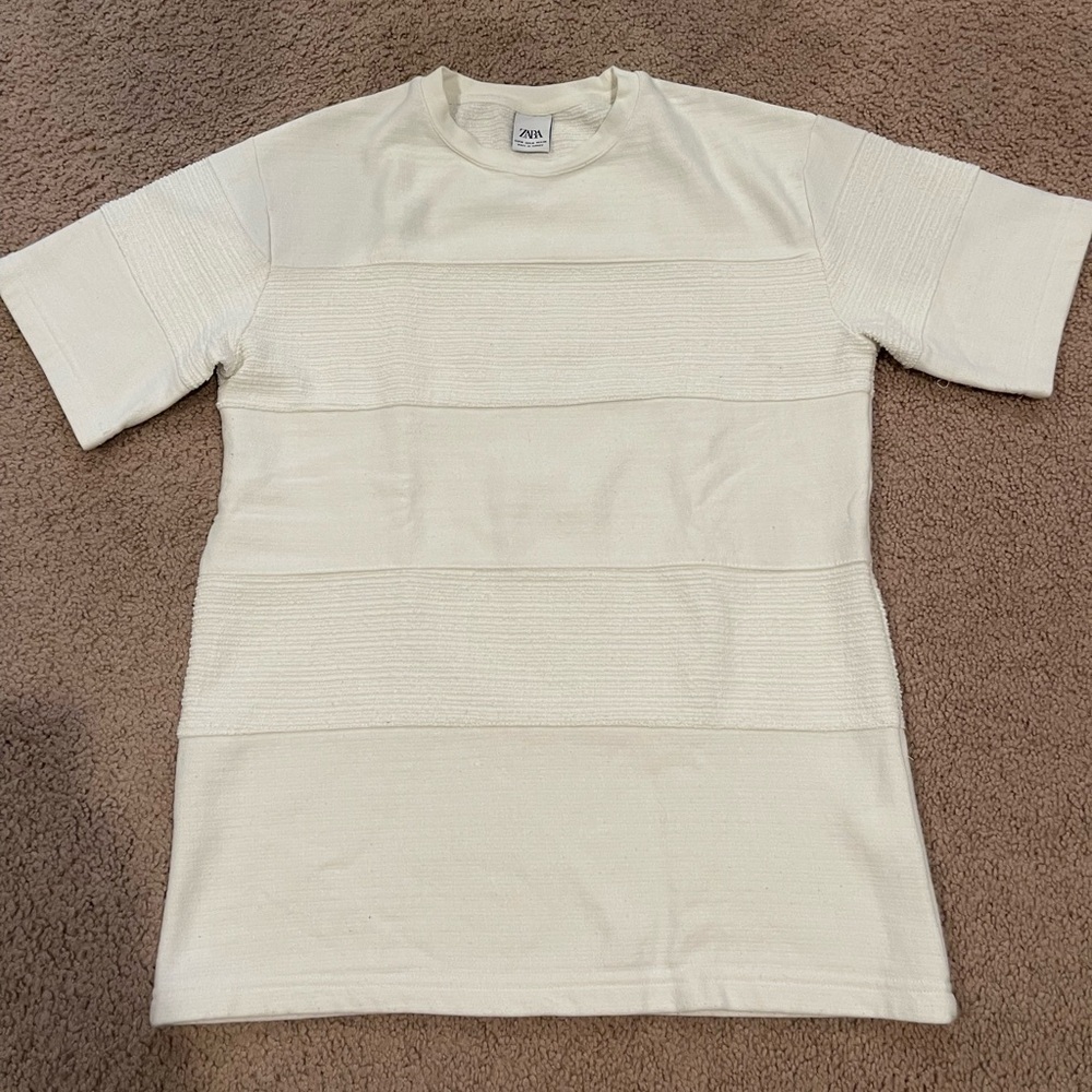 Zara Cream Textured Short Sleeve Crew Tee